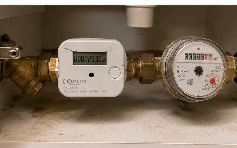 Elektroniskais ūdens skaitītājs blakus vecajam mehāniskajam skaitītājam